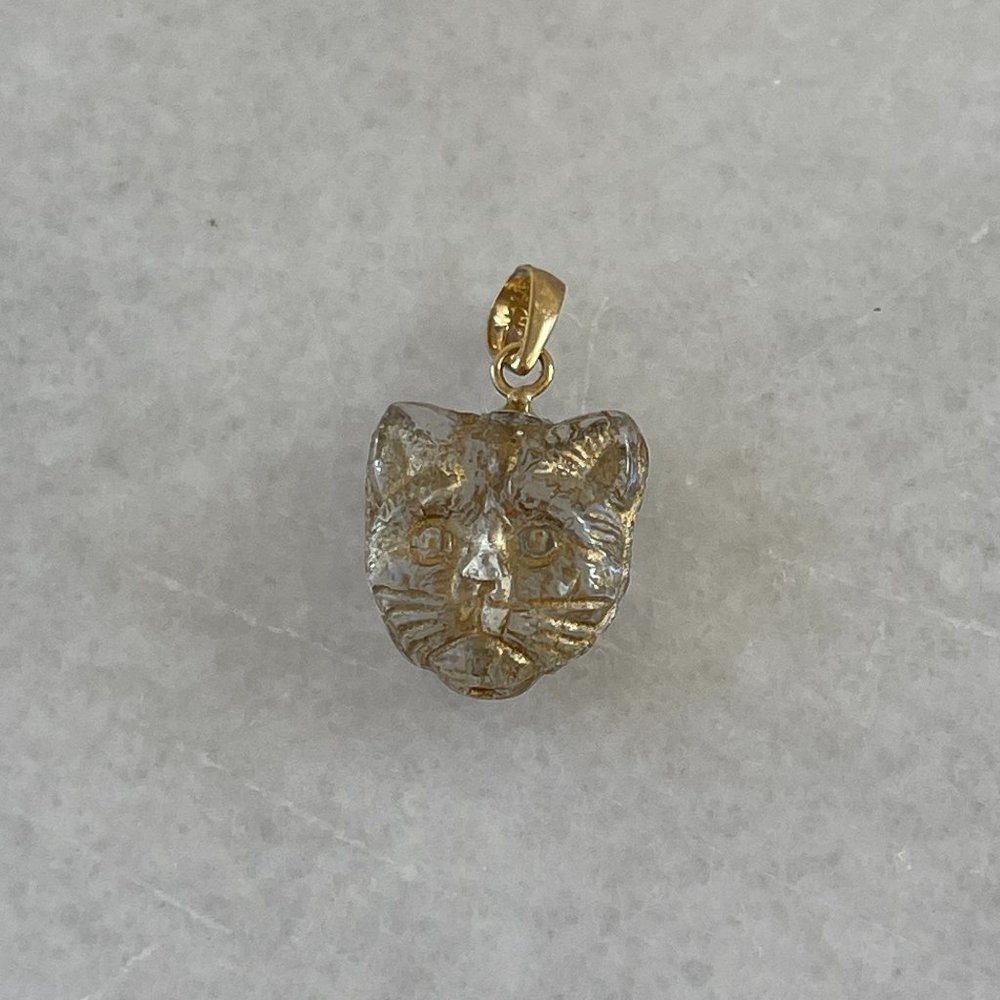 Solid 14K Yellow Gold Vintage Crystal Glass Cat Good Luck Necklace Pendant Charm